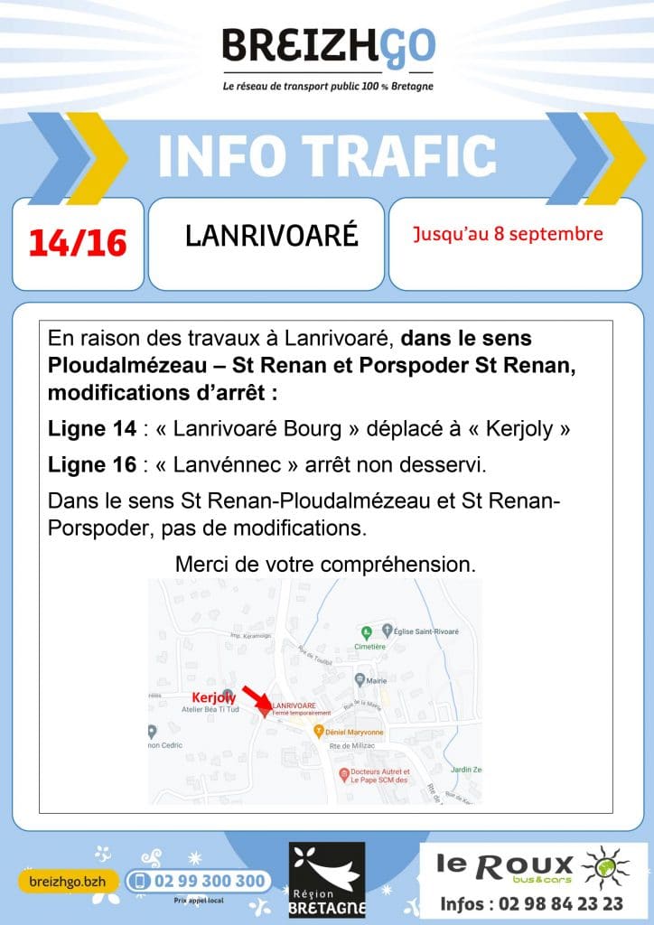 travaux à Lanrivoaré, dans le sens Ploudalmézeau - St Renan et Porspoder - St Renan, vos arrêts de bus sont modifiés