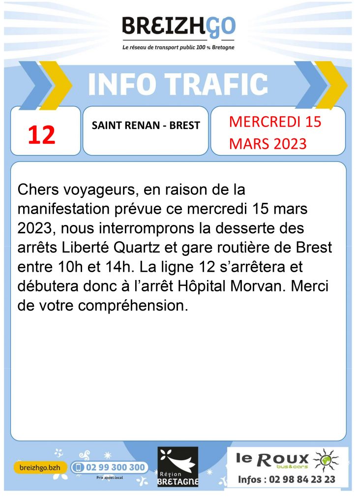 Abonnés Breizhgo, sur les lignes 12, 14 et 15 : nous vous informons de manifestation du samedi 15 mars à Brest Centre