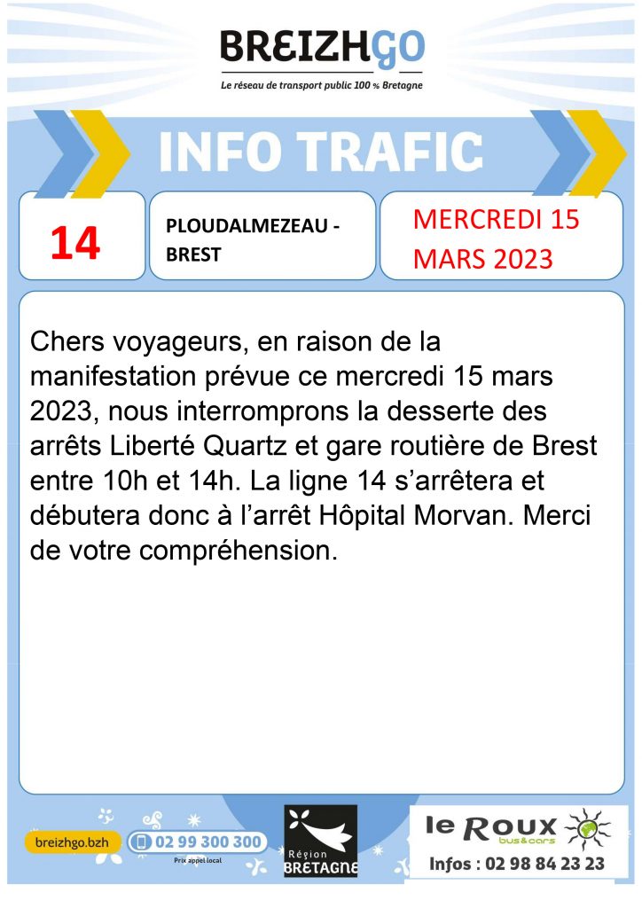 Abonnés Breizhgo, sur les lignes 12, 14 et 15 : nous vous informons de manifestation du samedi 15 mars à Brest Centre