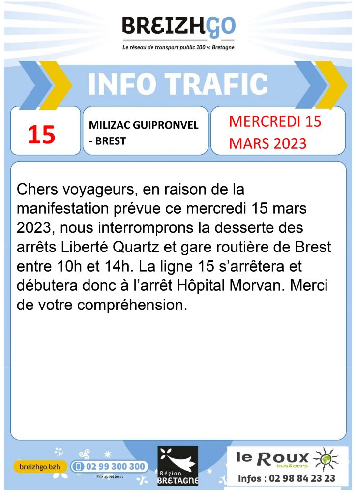 Abonnés Breizhgo, sur les lignes 12, 14 et 15 : nous vous informons de manifestation du samedi 15 mars à Brest Centre