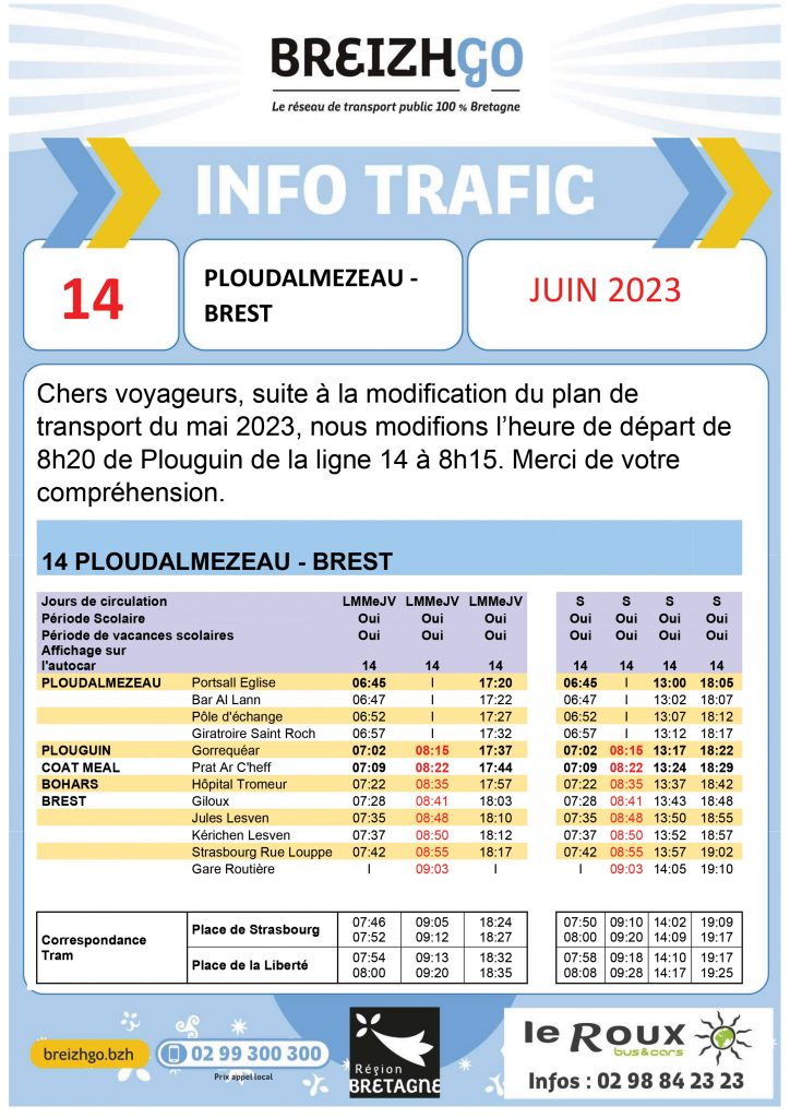 Ligne 14 : modification horaire - Info Trafic