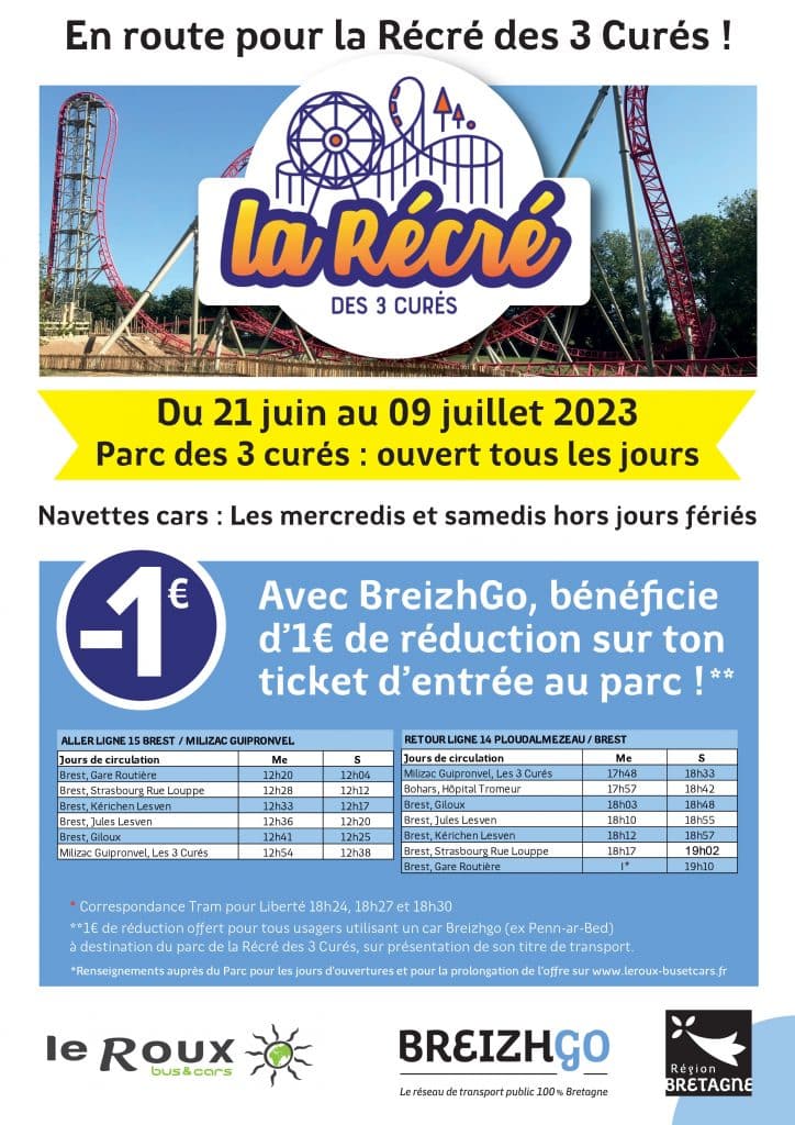 La Récré des 3 Curés, une super aventure ! Horaires Breizhgo pour les lignes de cars 14 et 15 au départ de Brest