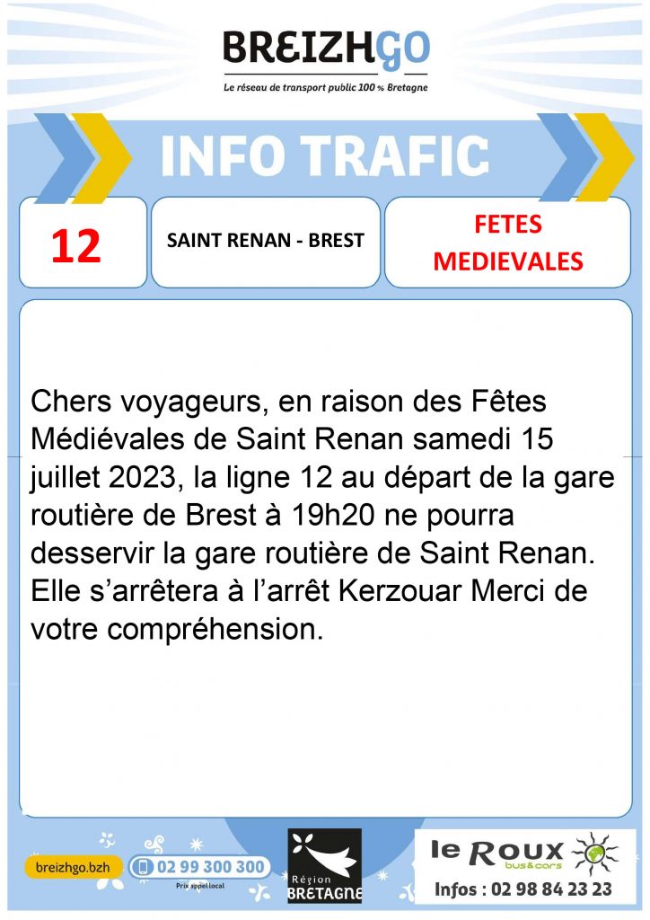 Fête médiévale St Renan : modification temporaire de la ligne 12 Breizhgo, le samedi 15 juillet 2023, arrêt gare routière non desservi