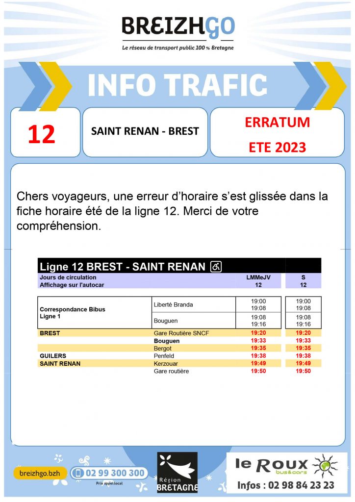 horaires été ligne 12 Breizhgo