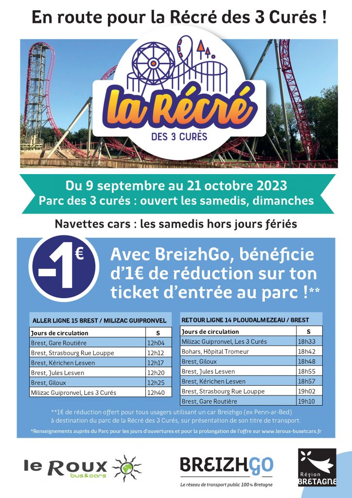 la récré des 3 curés à Milizac ouvre du 9 septembre au 21 octobre tous les samedis et dimanches, rejoignez le parc d'attractions en bus