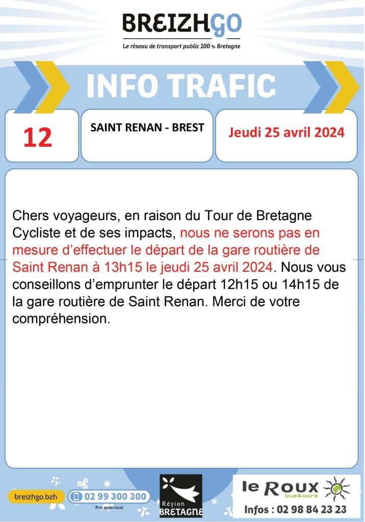 Info trafic car Breizhgo ligne 12