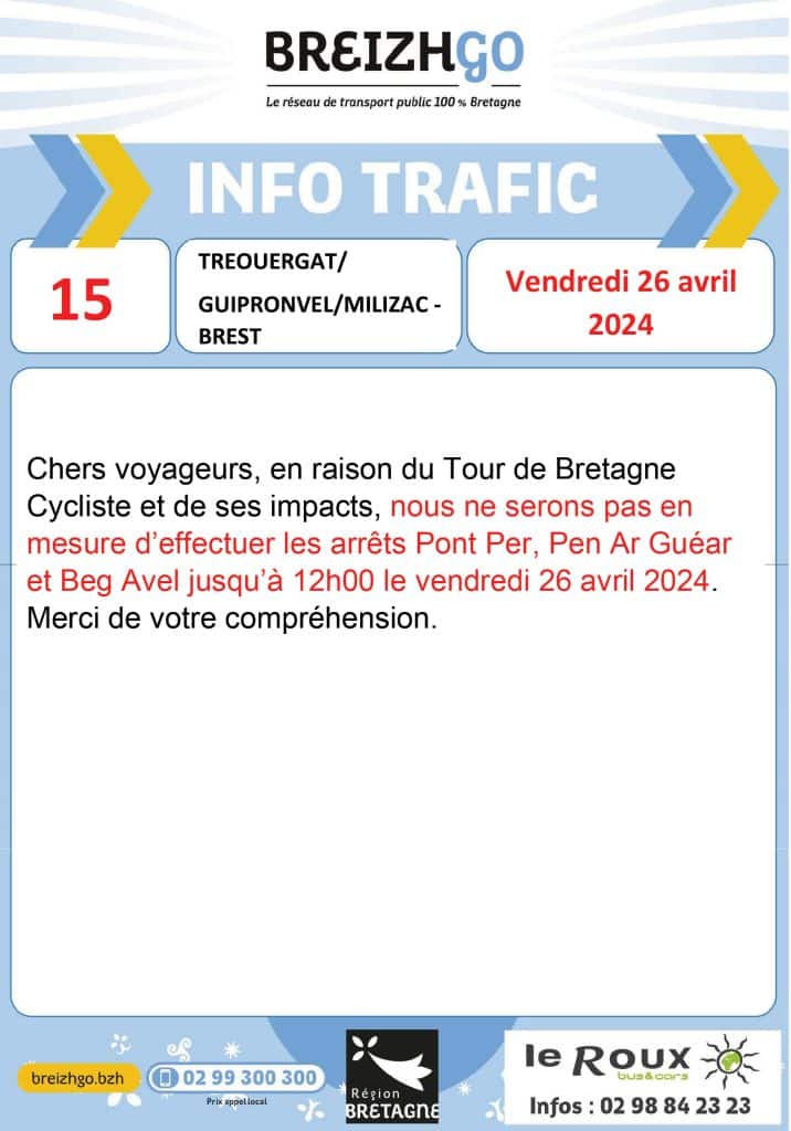info trafic ligne 15 Breizhgo