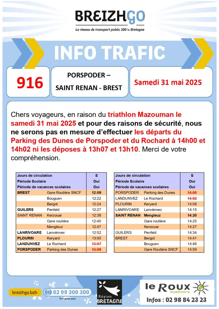 Triathlon Mazouman Ligne 916 : Porspoder - Saint Renan - Brest