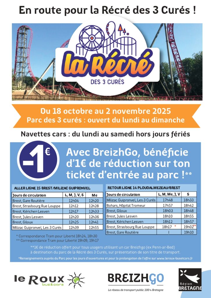 Envie d’une sortie en famille pendant les vacances de la Toussaint ? Direction la Récré des 3 Curés, un parc de loisirs incontournable en Bretagne situé à Milizac, dans le Finistère. Avec ses manèges à sensations fortes, ses attractions familiales et ses espaces pour les plus petits, le parc promet une journée riche en émotions.

Et grâce à BreizhGo, votre réseau de transport régional, s’y rendre n’a jamais été aussi simple… ni aussi avantageux ! En effet, votre titre de transport BreizhGo vous offre 1 € de réduction immédiate sur l’entrée du parc.