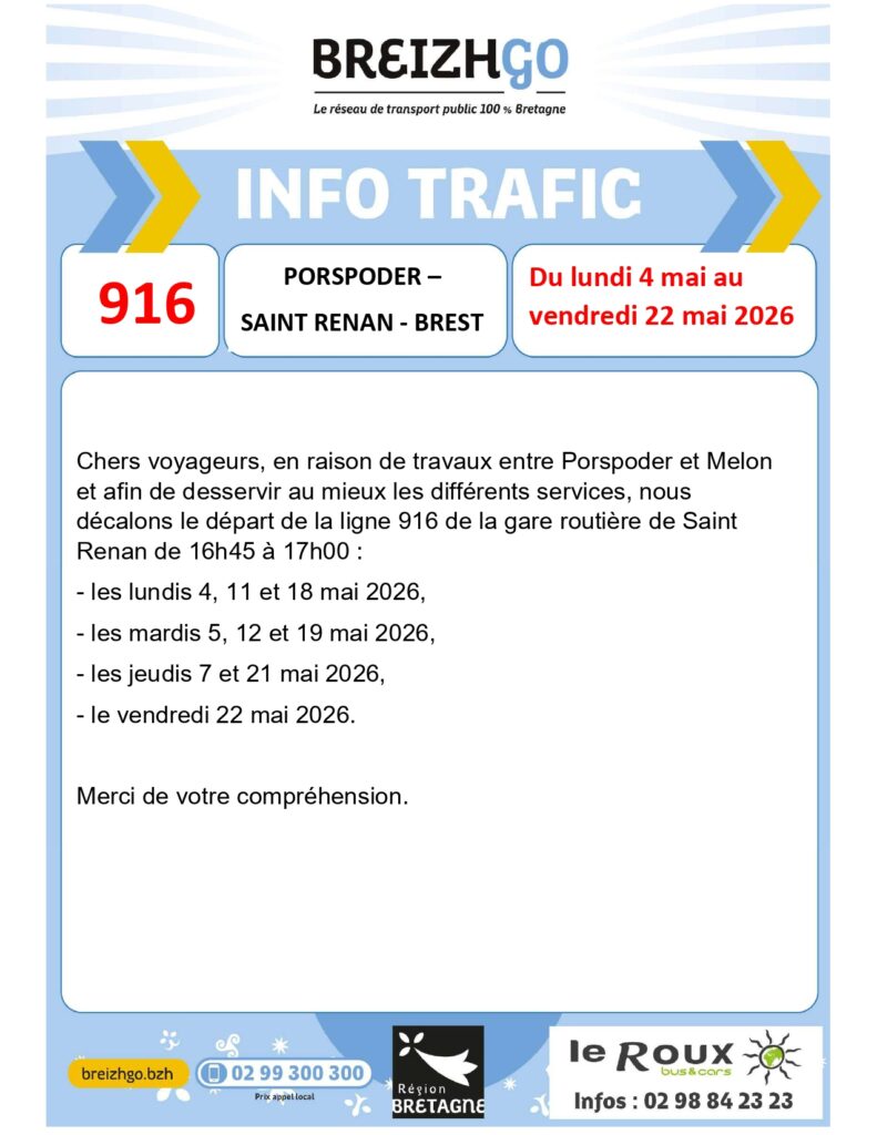 Ligne 916 : Porspoder - Saint-Renan - Brest